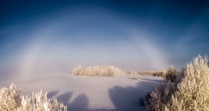 Aerial view of a snow-covered landscape with frost-covered trees and a rare sun halo phenomenon in the sky in Latvia.