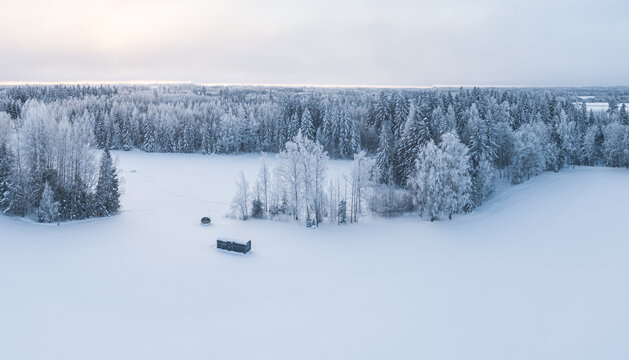 Aerial view of a small dark cabin in a vast snow-covered field surrounded by frost-covered trees and a dense forest in Latvia.