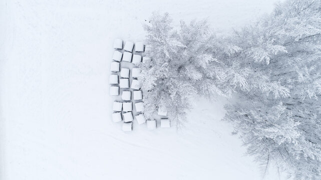Aerial view of snow-covered hay bales arranged in a grid next to frost-covered trees in a winter landscape Latvia.