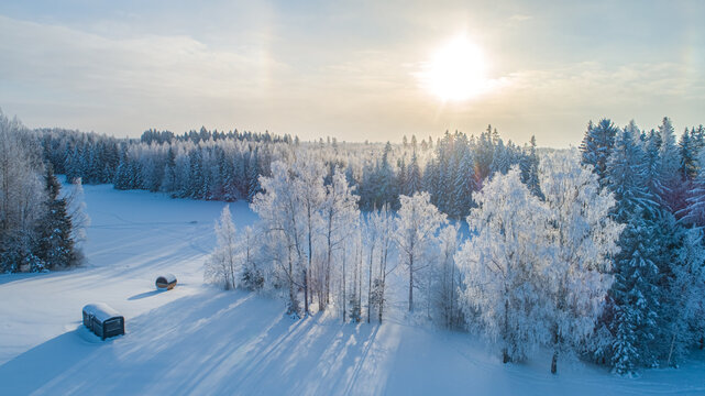 Aerial view of a snow-covered forest landscape with frost-covered trees and two small wooden structures in the snow under a bright winter sun in Latvia.
