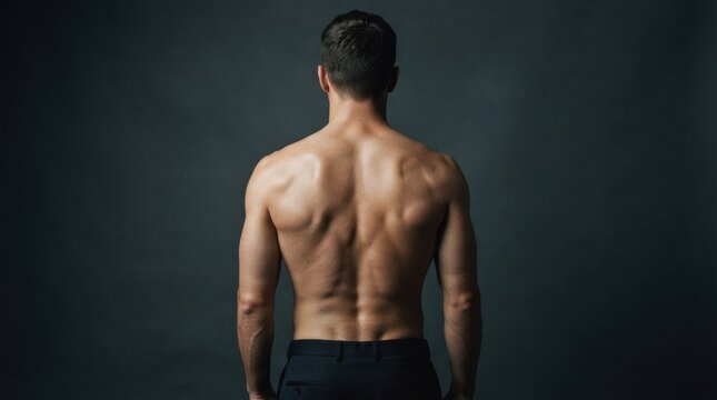 Male Model Posing with Bare Back Against Dark Background