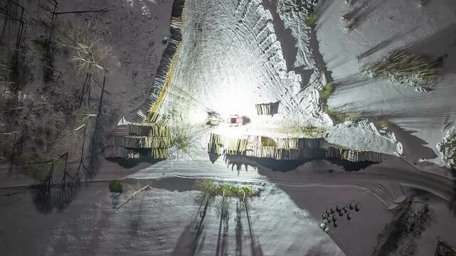 Aerial view of a vehicle with bright headlights illuminating stacks of timber in a snow-covered forest at night in Latvia.