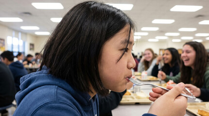 Fototapeta premium Asian schoolgirl eating lunch in a busy cafeteria