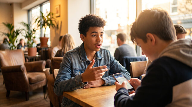 Teenage boy talking to friend distracted by smartphone