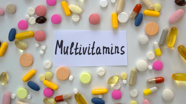 Various tablets and capsules, supplements and vitamins. Selective focus.