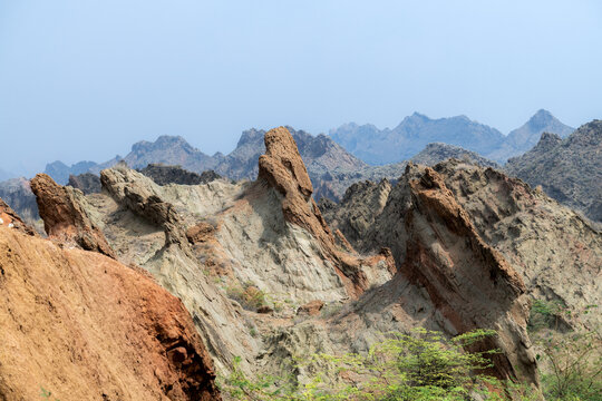 View of the rugged and rocky peaks of the Sulaiman Mountains in the arid landscape of De-excluded Area Dera Ghazi Khan, Punjab, Pakistan.