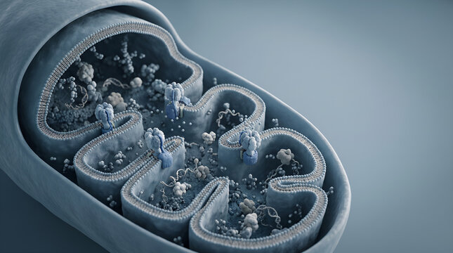 Detailed ATP production inside mitochondria showing oxidative phosphorylation and cellular respiration for biotechnology, pharmaceutical marketing, education and healthcare communication.