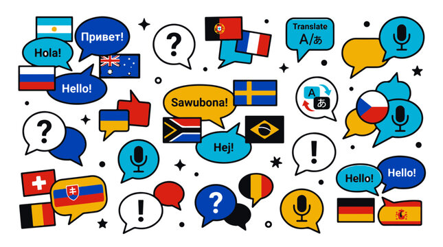 Global Communication and Translation Concept with Flags and Speech Bubbles