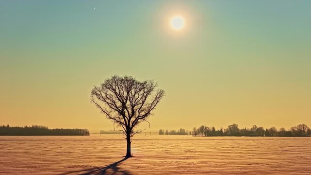 Aerial view of a lone bare tree standing in a vast snow covered field under a bright sun in Latvia.