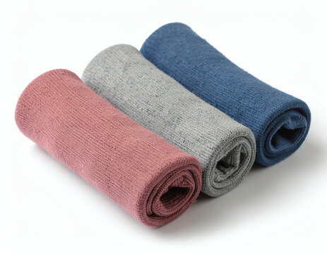Set of three rolled microfiber cleaning cloths in blue, grey, and pink colors on white background