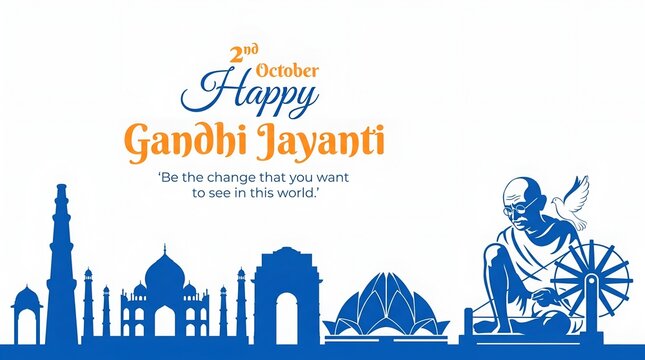 Vector illustration of Gandhi Jayanti, Mahatma Gandhi, national holiday of India, 2nd October, india flag, indian monuments silhouette, banner with english text. 