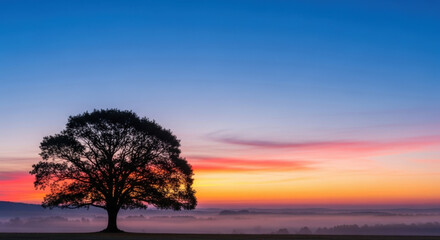 Obraz premium Solitary ancient oak tree silhouette against colorful sunset sky with mist over landscape a peaceful nature scene.