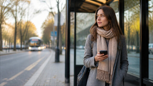 Young Woman in Winter Coat and Scarf Using Smartphone at Bus Stop While Waiting for Transportation in the City