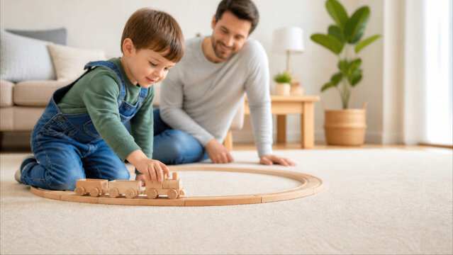 Little boy playing with wooden train track on carpet with father watching in bright living room