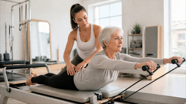 Senior woman performing Pilates exercises on a reformer machine with help of a personal trainer in a bright studio.