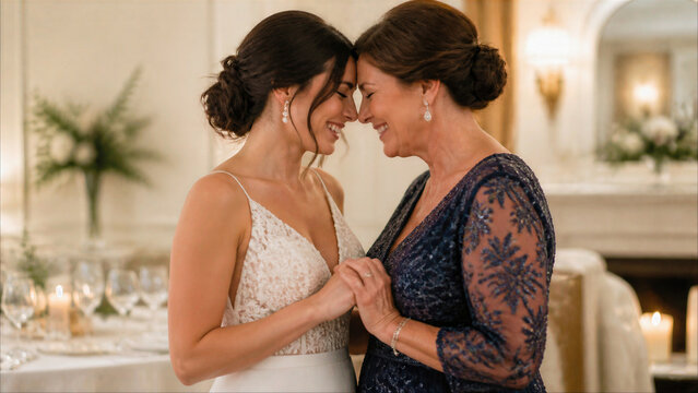 Bride and mother of the bride sharing emotional moment at wedding reception with foreheads touching and smiling