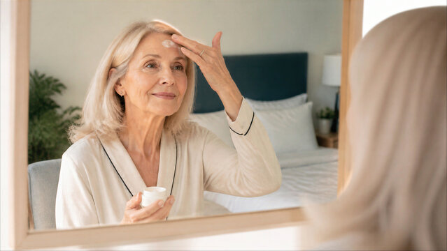 Senior Woman Applying Anti-Aging Face Cream in Front of Bedroom Mirror
