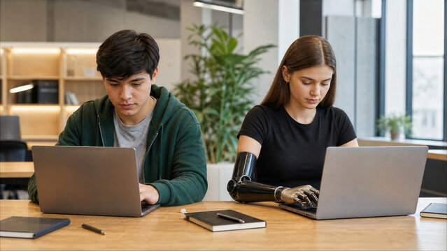 Young Woman with Bionic Prosthetic Arm Working on Laptop Alongside Colleague in Modern Office
