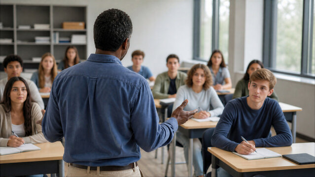 Black Male Teacher Leading a University Classroom Lesson with Students