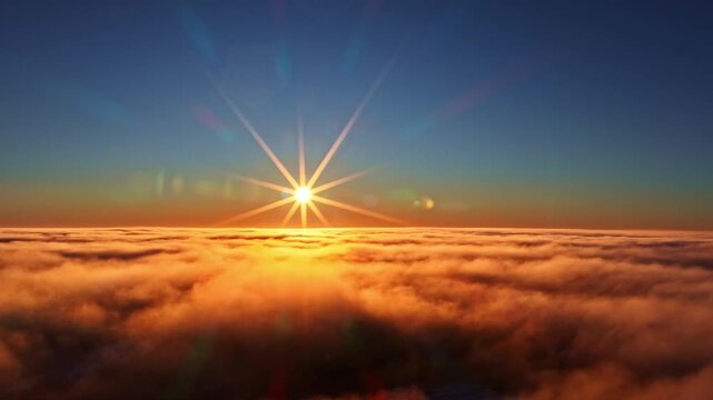 Aerial view of a bright sunrise illuminating a thick blanket of clouds over the landscape of Latvia.