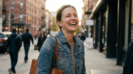 Fototapeta premium Woman laughing joyfully while walking on a city street during the day