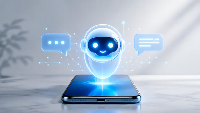 Futuristic AI Chatbot Interface Emerging from Smartphone Screen with Communication Bubbles