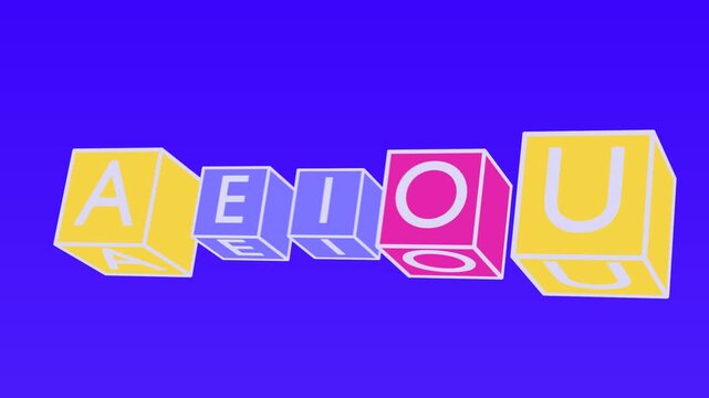 3D Rotating Cubes with the Five Spanish Vowels A E I O U in Kinetic Typography on Blue Background