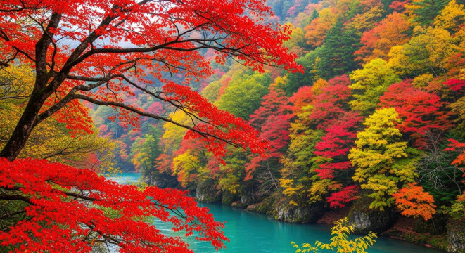 Vibrant autumn forest with bright red maple leaves framing turquoise river and colorful mountainside foliage.
