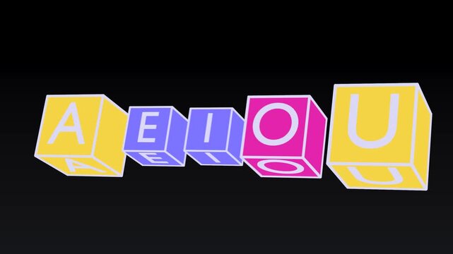 3D Rotating Cubes with the Five Spanish Vowels A E I O U in Kinetic Typography on Black Background