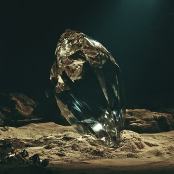 거친 사막 지형 위 신비로운 빛을 발하는 거대한 투명 다이아몬드 Giant Transparent Diamond Emitting Mystical Light Rough Desert