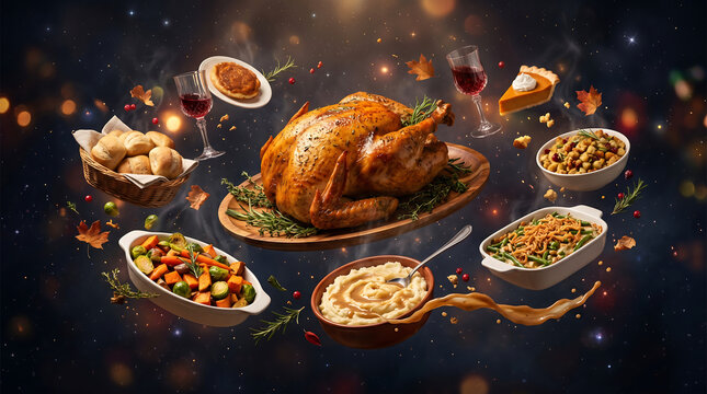 Surreal floating festive feast with roasted turkey and side dishes in a magical ethereal environment, conceptual food photography