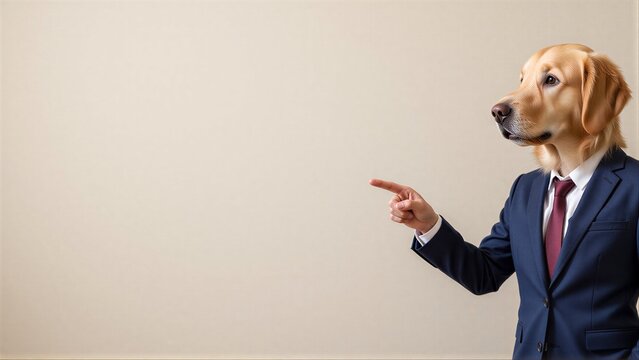 A dog in a suit points thoughtfully, blending professionalism with whimsy against plain backdrop.
