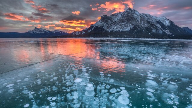 Aerial view of Abraham Lake featuring frozen methane bubbles in the ice with snow-capped mountains under a vibrant sunset sky in Clearwater County, Alberta, Canada.