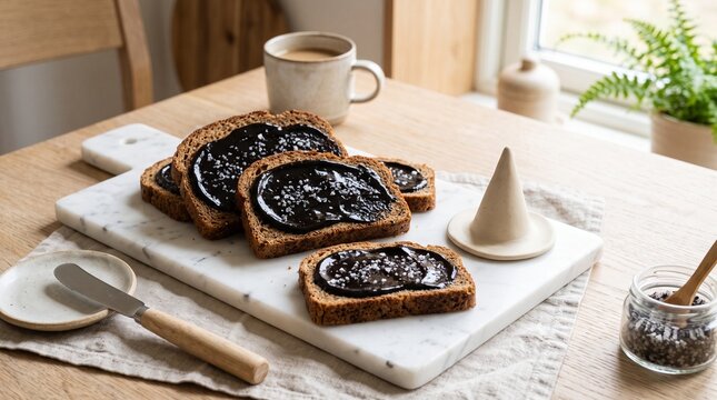 Nordic Spice Bread Slices with Black Liquorice Spread and Salmiakki Salt