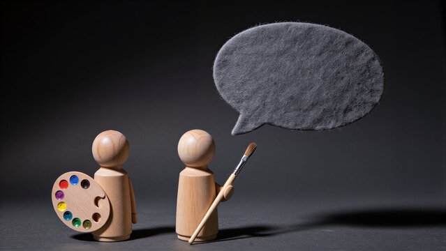 Two wooden figures, one with paint palette and brush, stand before a blank speech bubble.