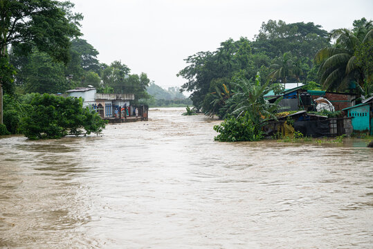 Chattogram, Chittagong Division, Bangladesh - 11 July 2026: View of a flooded river overflowing its banks, submerging nearby houses and surrounding vegetation under muddy water.
