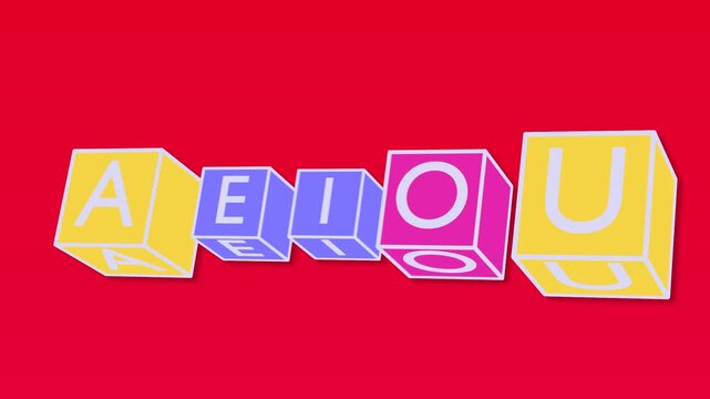 3D Rotating Cubes with the Five Spanish Vowels A E I O U in Kinetic Typography on Red Background