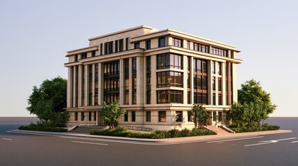 Fototapeta premium A modern office building with a glass facade and large windows, surrounded by trees and a parking lot.