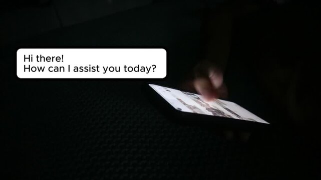 Person using a smartphone with an artificial intelligence chatbot message bubble on screen.