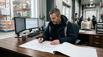 Fototapeta premium Cold storage supervisor reviewing a printed sensor network expansion plan at a desk | Cold Chain Monitoring & IoT Sensor Data Stock Photo