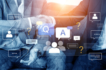 Obraz na płótnie Canvas Business professionals engaging in a handshake while discussing questions and answers in a digital communication environment surrounded by chat bubbles. Bitwise.
