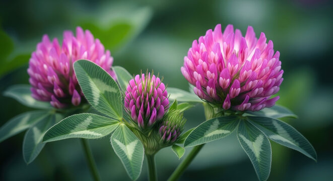 Close up vibrant purple clover flowers with fresh green leaves in a garden, capturing detailed bloom for natural beauty compositions.