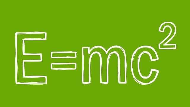 whiteboard line boil animation of Albert Einstein mass energy equivalence formula with a green screen chroma key background