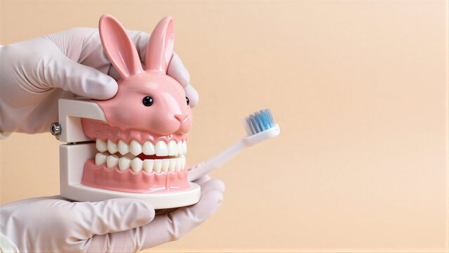 Gloved hands hold pink rabbit dental model with visible teeth.