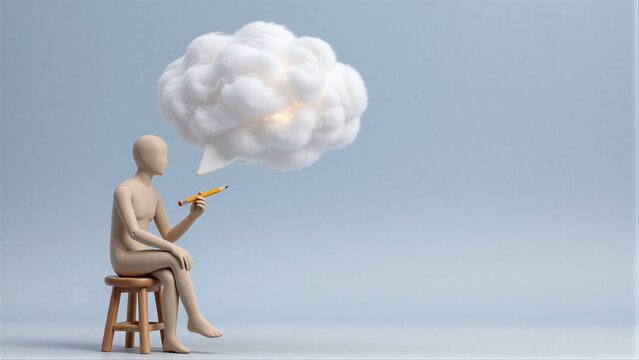 Mannequin blows pencil, creating fluffy cloud thought bubble above its head.