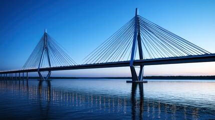 Fototapeta premium A large, modern cable-stayed bridge spanning a wide river at sunset, with a clear blue sky in the background.