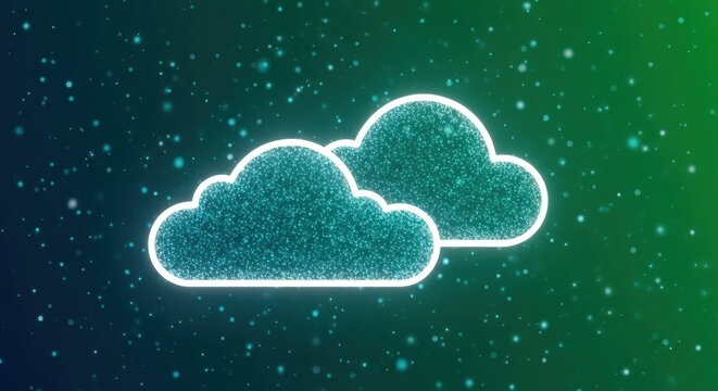 Digital cloud storage icon illuminated by shimmering particles against abstract glowing gradient background representing modern data security.