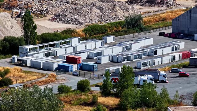 Aerial view of the Port of Bordeaux storage area with rows of white modular units and shipping containers on a paved lot in Bassens, Nouvelle-Aquitaine, France.