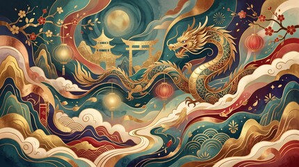 Fototapeta premium Elegant Chinese New Year Celebration Background with Majestic Golden Dragon, Traditional Lanterns, Moon, and Ornate Clouds. Luxury Lunar New Year Asian Art with Gold Foil and Festive Ornaments.