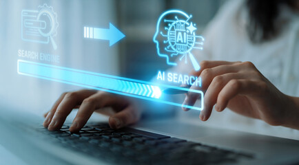 Fototapeta premium Hands Typing on Keyboard with AI Search Concept and Digital Icons Depicting Search Engine Technology and Artificial Intelligence Analysis. Liminal.